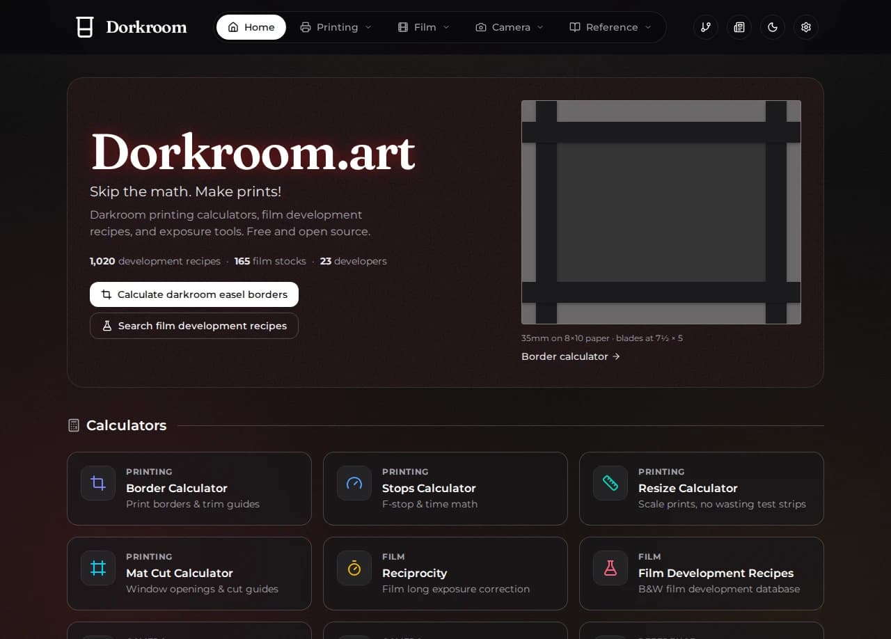 Dorkroom web app homepage